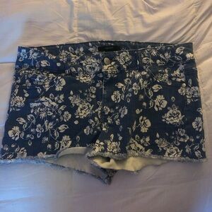 Forever 21 Blue and White Jean Shorts Floral Design